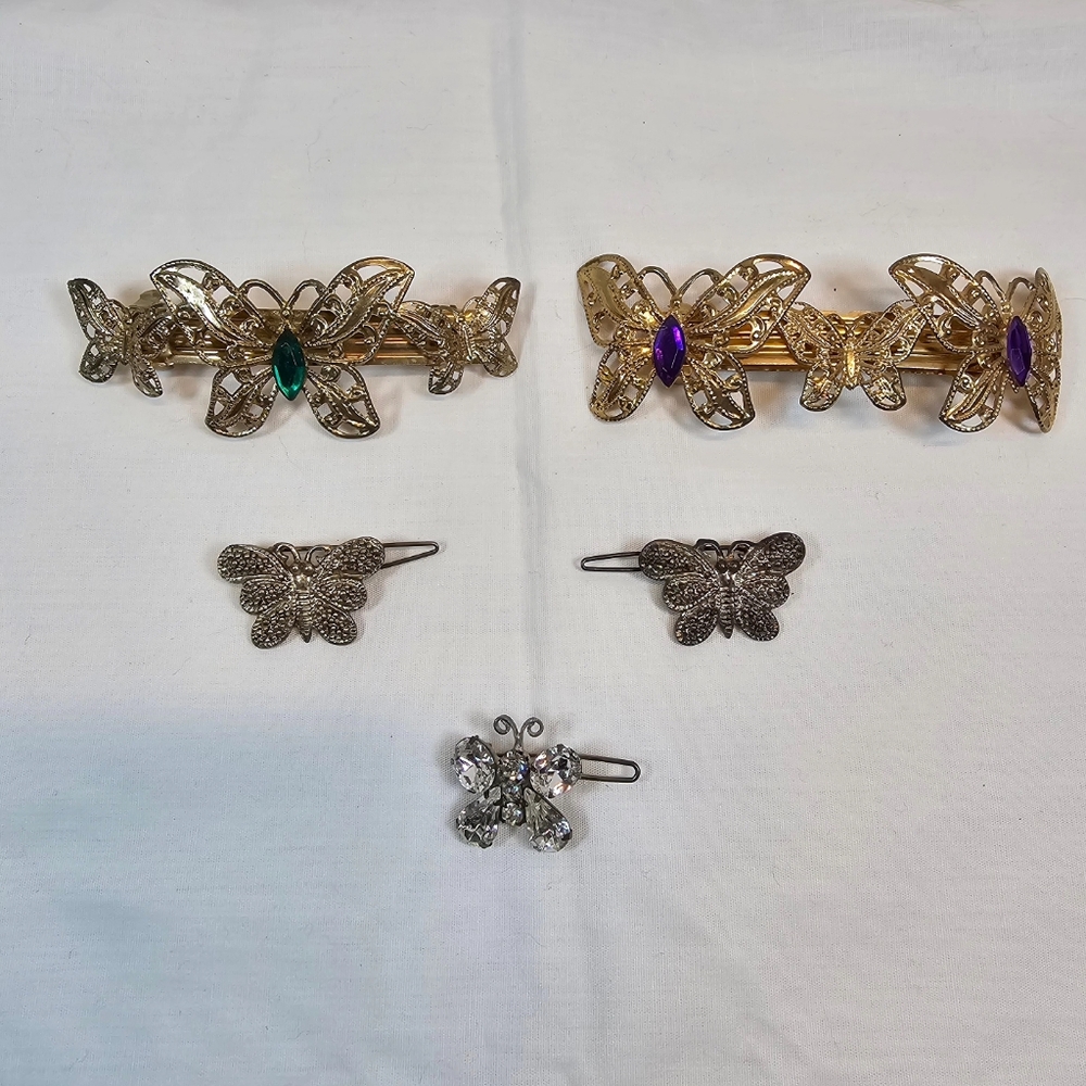 Five Vintage Rhinestone Gold and Silver Toned Hairclips